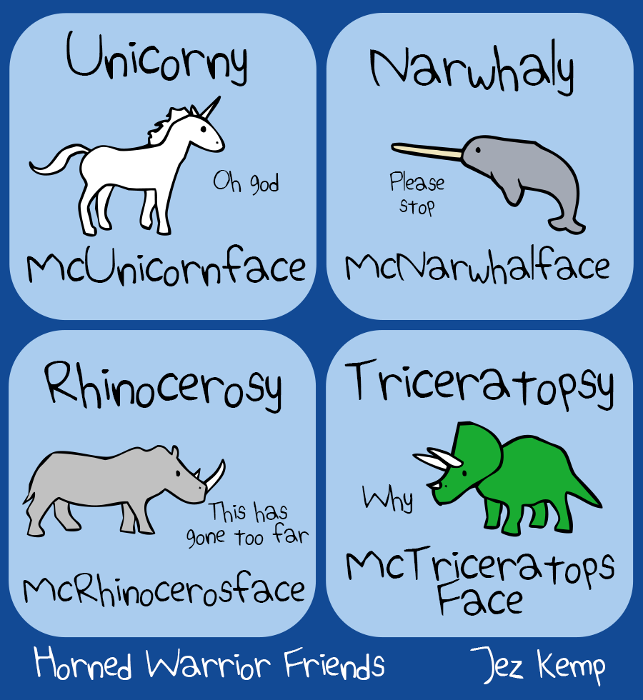 Panel 1 of 4: Text says "Unicorny McUnicornface" Unicorn says "Oh god"
Panel 2 of 4: Text says "Narwhaly McNarwhalface" Narwhal says "Please stop"
Panel 3 of 4: Text says "Rhinocerosy McRhinocerosface" Rhino says "This has gone too far"
Panel 4 of 4: Text says "Triceratopsy McTriceratopsface" Triceratops says "Why"